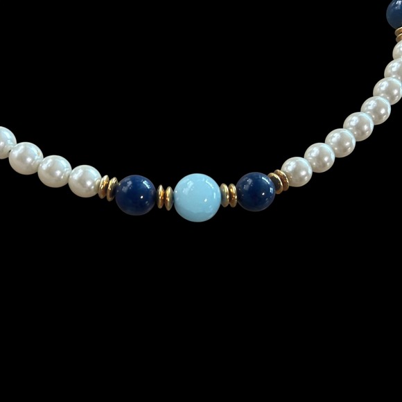 Ocean Sky Blue & Pearl Colored Glass Beaded Necklace Lapis Accents - Picture 7 of 7